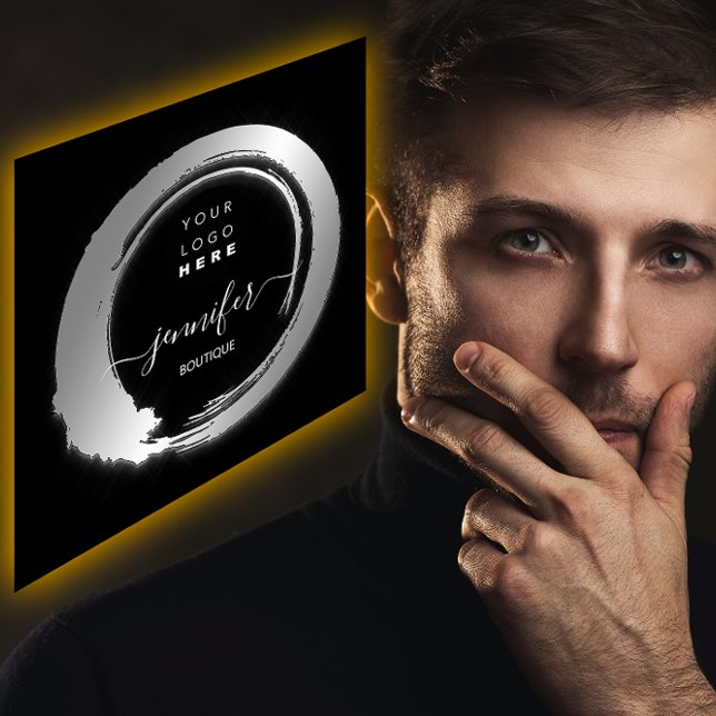 Black White Silver Custom QR LOGO SHOP Square Business Card (Black White Silver Custom QR LOGO SHOP Square Business Card)