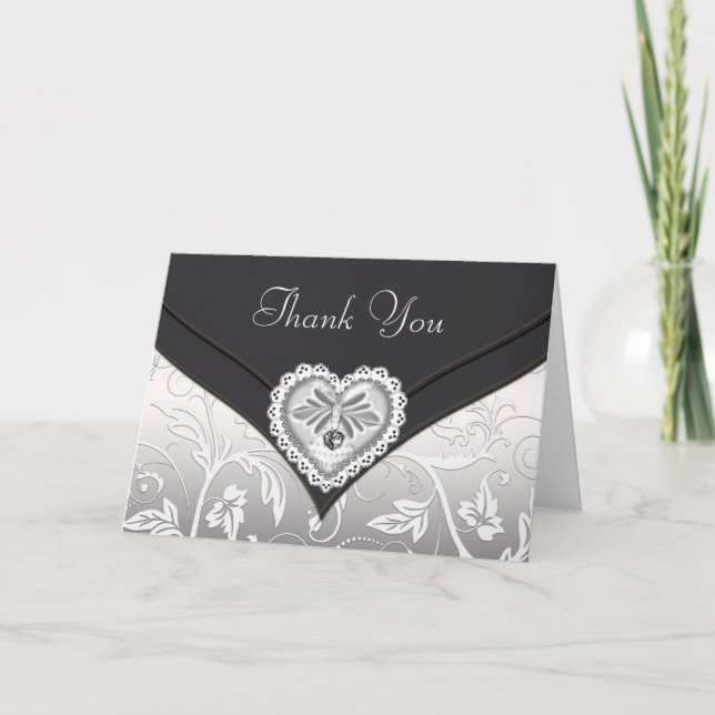 Black White Silver Diamond Heart Thank You Cards (Front)