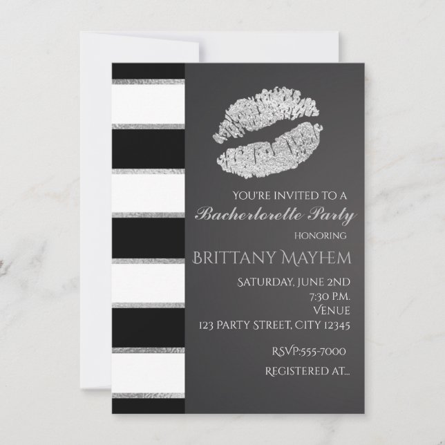 Black White & Silver Faux Shimmer Lips Kiss Party Invitation (Front)
