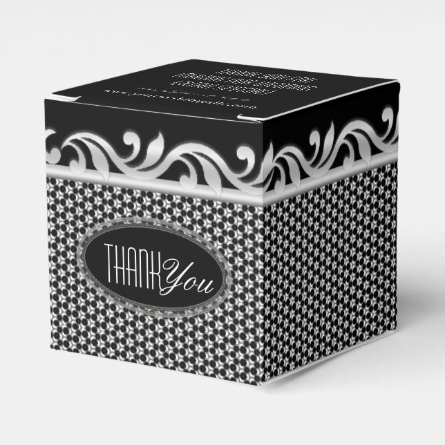 Black White Silver Fleur Wedding Thank You Party Favour Box (Front Side)