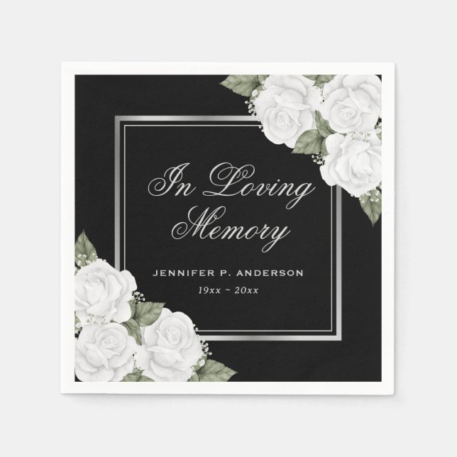 Black White Silver Floral Memorial Funeral Napkin (Front)