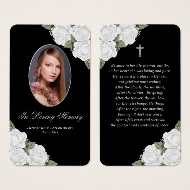 Black White Silver Floral Memorial Prayer Card (Front & Back)