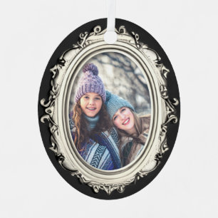 Black & White Silver Frame Personalised Photo Oval Metal Tree Decoration