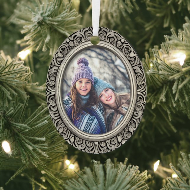 Black & White Silver Frame Personalised Photo Oval Metal Tree Decoration (Insitu)