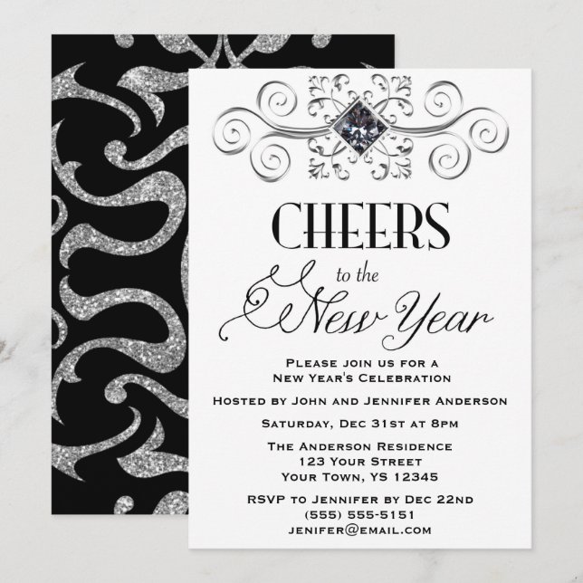 Black White Silver Glamour New Year's Eve Party Invitation (Front/Back)