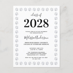 Black White Silver Glitter Paw Prints Graduation Invitation Postcard