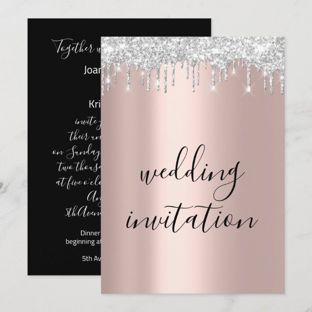 Black White Silver Grey Drips Rose Gold Wedding Invitation (Front/Back)