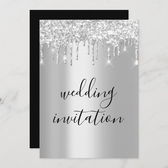 Black White Silver Grey Drips Sparkly Wedding Invitation (Front/Back)
