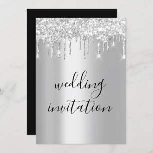 Black White Silver Grey Drips Sparkly Wedding Invitation