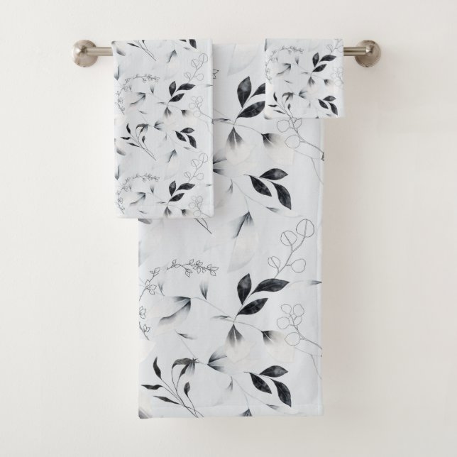 Black White Silver Grey Floral Leaves Chic Bath Towel Set (Insitu)