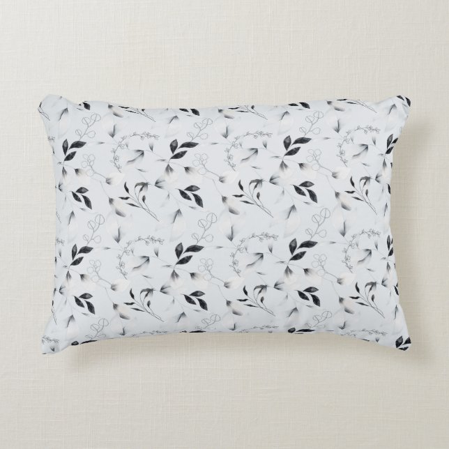 Black White Silver Grey Floral Leaves   Decorative Cushion (Front)