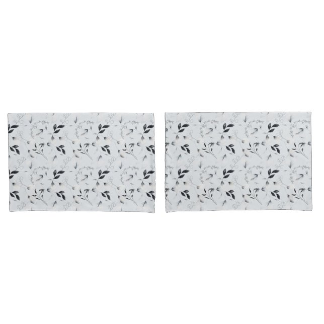 Black White Silver Grey Floral Leaves  Pillowcase (Front-Set)