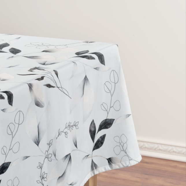 Black White Silver Grey Floral Leaves  Tablecloth (In Situ)