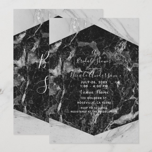 Black White & Silver Marble Modern Bridal Shower Invitation (Front/Back)