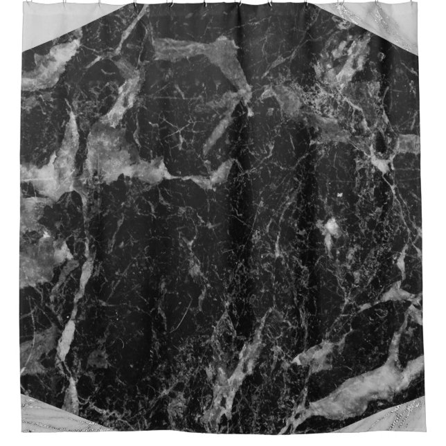 Black White & Silver Marble Modern Glam Trendy Shower Curtain (Front)