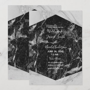 Black White & Silver Marble Modern Glam Wedding Invitation