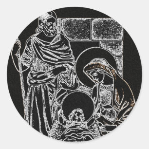 black white silver nativity classic round sticker