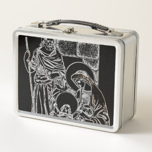 black white silver nativity metal lunch box