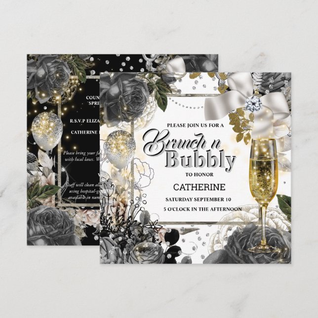 Black white silver rose shabby chic bubbly glitter invitation (Front/Back)
