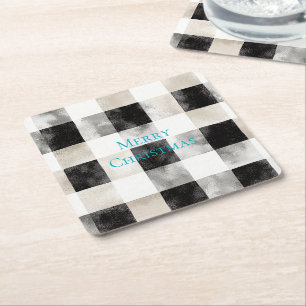 Black White Silver Rustic Stripes Christmas Square Paper Coaster