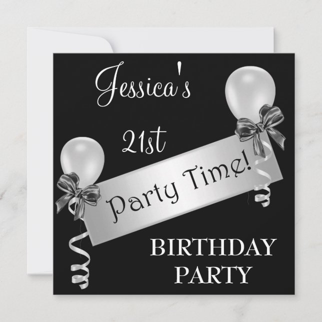 Black & White Silver Streamers Bows & Balloons Invitation (Front)