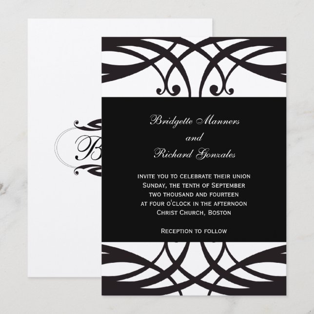Black White Silver Wedding Invitations Art Deco (Front/Back)