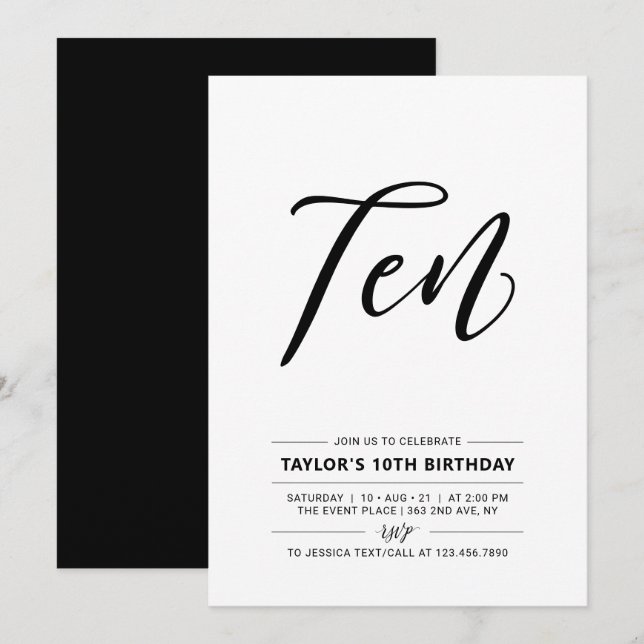 Black & White Simple 10th Teen Birthday Party Invi Invitation (Front/Back)