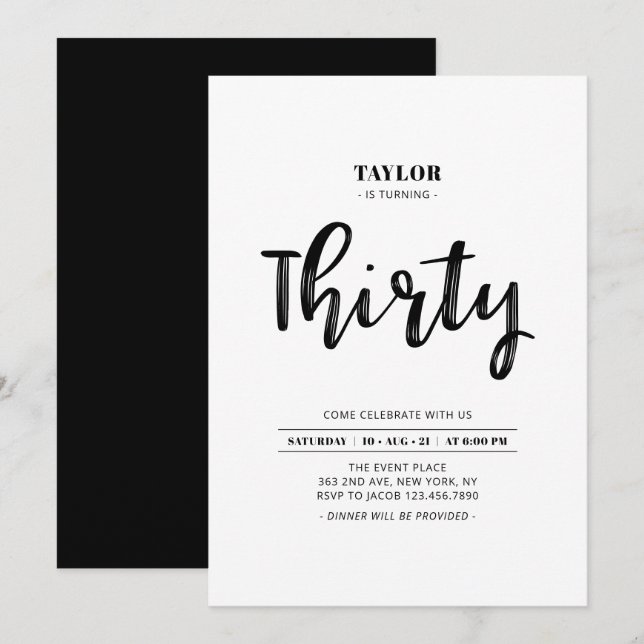 Black & White Simple 30th Birthday Party Invitation (Front/Back)