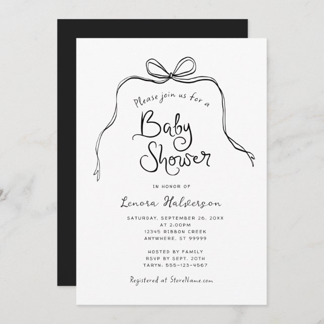 Black White Simple Bow Baby Shower Invitation (Front/Back)