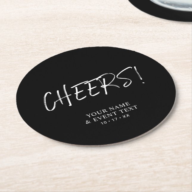 Black & White Simple Cheers Adult Birthday Party R Round Paper Coaster (Angled)