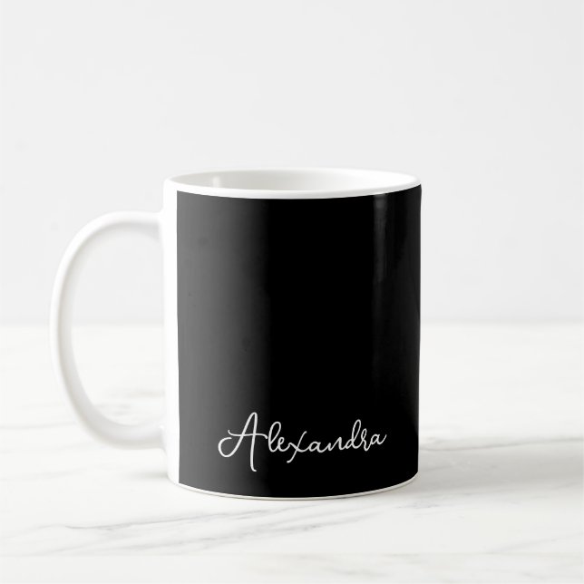 Black White Simple Chic Script Monogram Name Coffee Mug (Left)