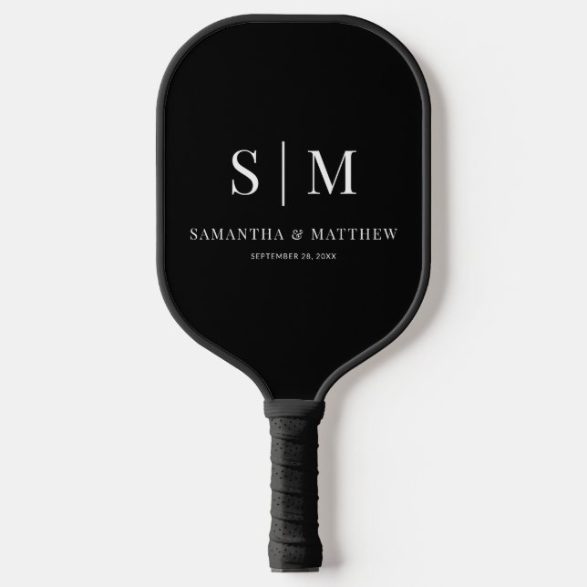 Black & White Simple Couple Initials Wedding Pickleball Paddle (Front)