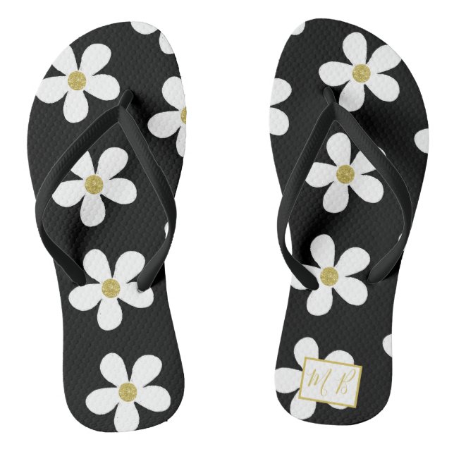 Black White Simple Daisy Gold Monogram Flip Flops (Footbed)