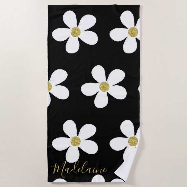 Black White Simple Daisy Gold Personal Beach Towel (Front)