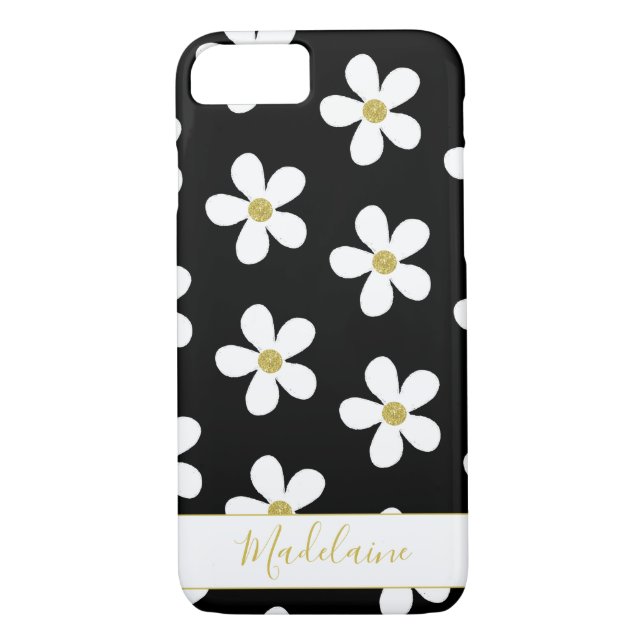 Black White Simple Daisy Pattern Gold Personal Case-Mate iPhone Case (Back)