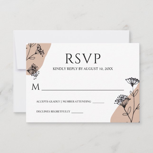 Black White Simple Floral Line Art Wedding RSVP Card (Front)