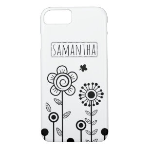 Black, white simple flowers and name floral iPhone 8/7 case