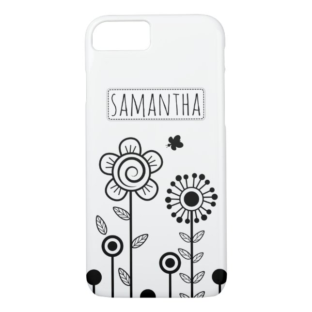 Black, white simple flowers and name floral Case-Mate iPhone case (Back)