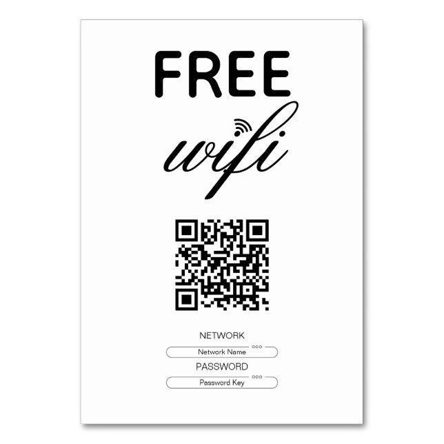 Black White Simple Free Wi-Fi QR Code Place Table Number (Front)