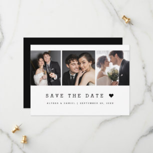 Black White Simple heart Modern 3 Photo Wedding Save The Date