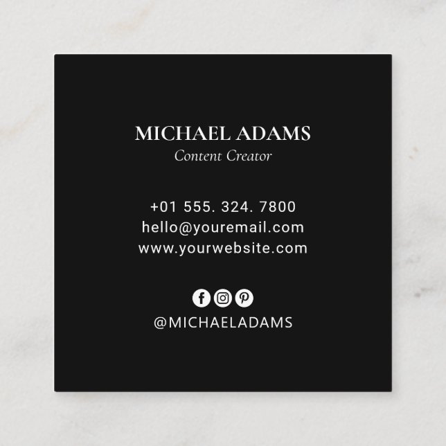 Black & White | Simple Logo & Social Media  Square Business Card (Back)