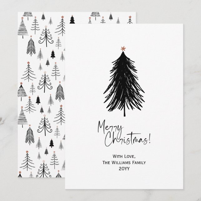 Black White Simple Merry Christmas Tree  Holiday Card (Front/Back)