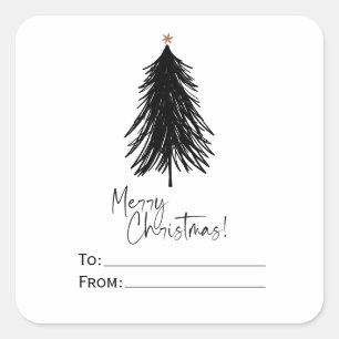 Black White Simple Merry Christmas Tree Square Sticker