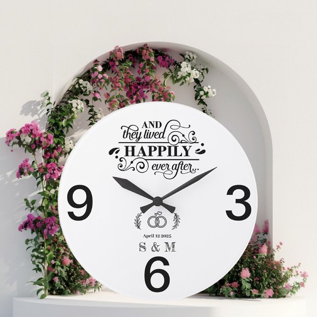 Black & White Simple Minimalist Newlyweds Marriage Large Clock (Creator Uploaded)
