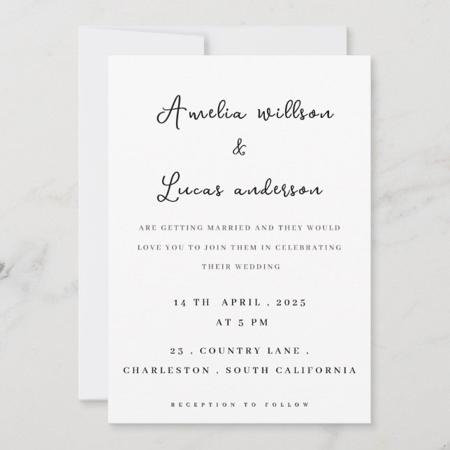 Black & white simple minimalist wedding invitation (Front)