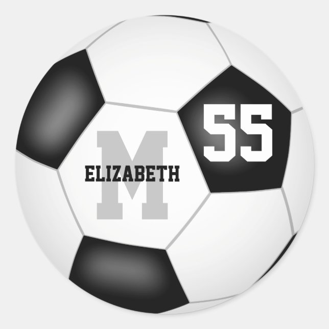 black white simple personalised soccer ball classic round sticker (Front)