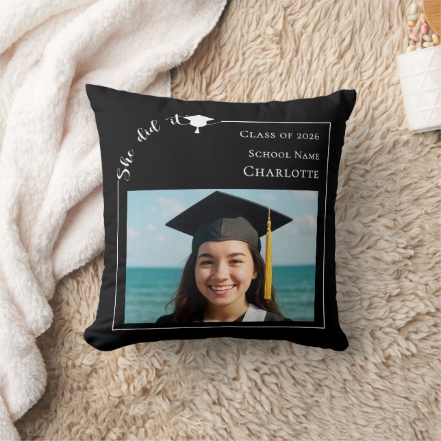 Black white simple photo She did it Graduate Cushion (Blanket)