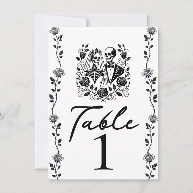 Black White Skeleton Floral Rose Vine Table Number (Front)