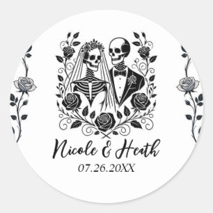 Black White Skeleton Floral Rose Vine Wedding  Classic Round Sticker