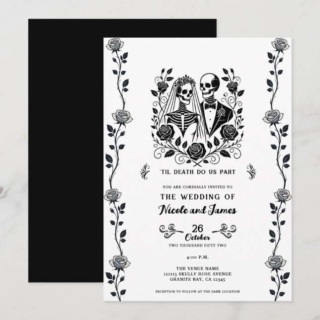 Black White Skeleton Floral Rose Vine Wedding  Invitation (Front/Back)